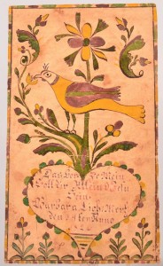 A Pennsylvania fraktur bookplate with the German text ‘Jesus alone my heart shall own, Barbara Lieht, March the 4th, Anno 1826,’ probably from Lancaster or Lehigh County, was hammered down for $1,400 last October at Conestoga Auctions.